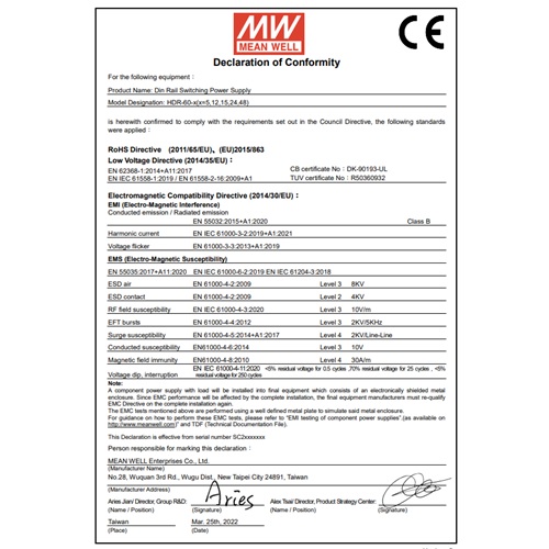 MeanWell declaration of conformity CE MeanWell declaration of conformity CE