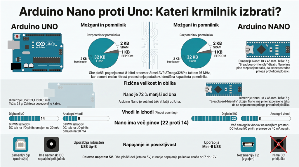 arduino nano vs uno comparison infographic Infografika Arduino Nano vs Uno primerjava dimenzij, pomnilnika, GPIO pinov in napajanja s pie charti