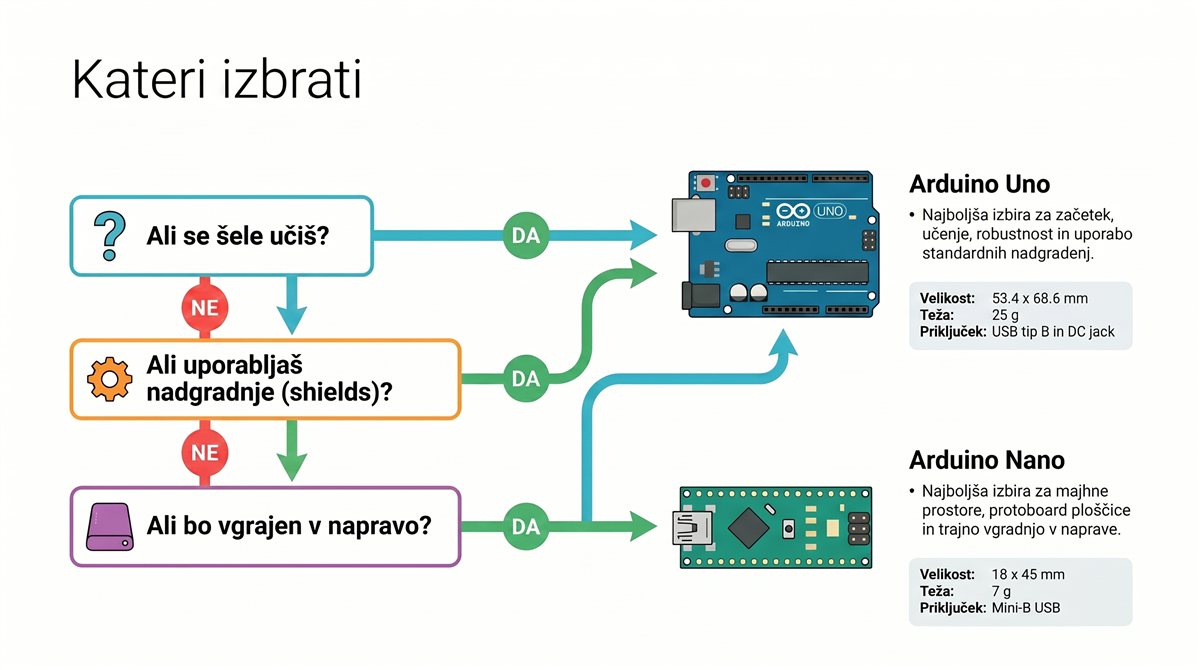 Arduino Nano vs Uno — odločitveni diagram katero izbrati