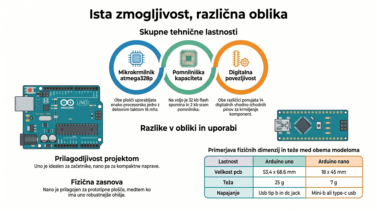 Arduino Nano vs Uno — ista zmogljivost ATmega328P, različna oblika