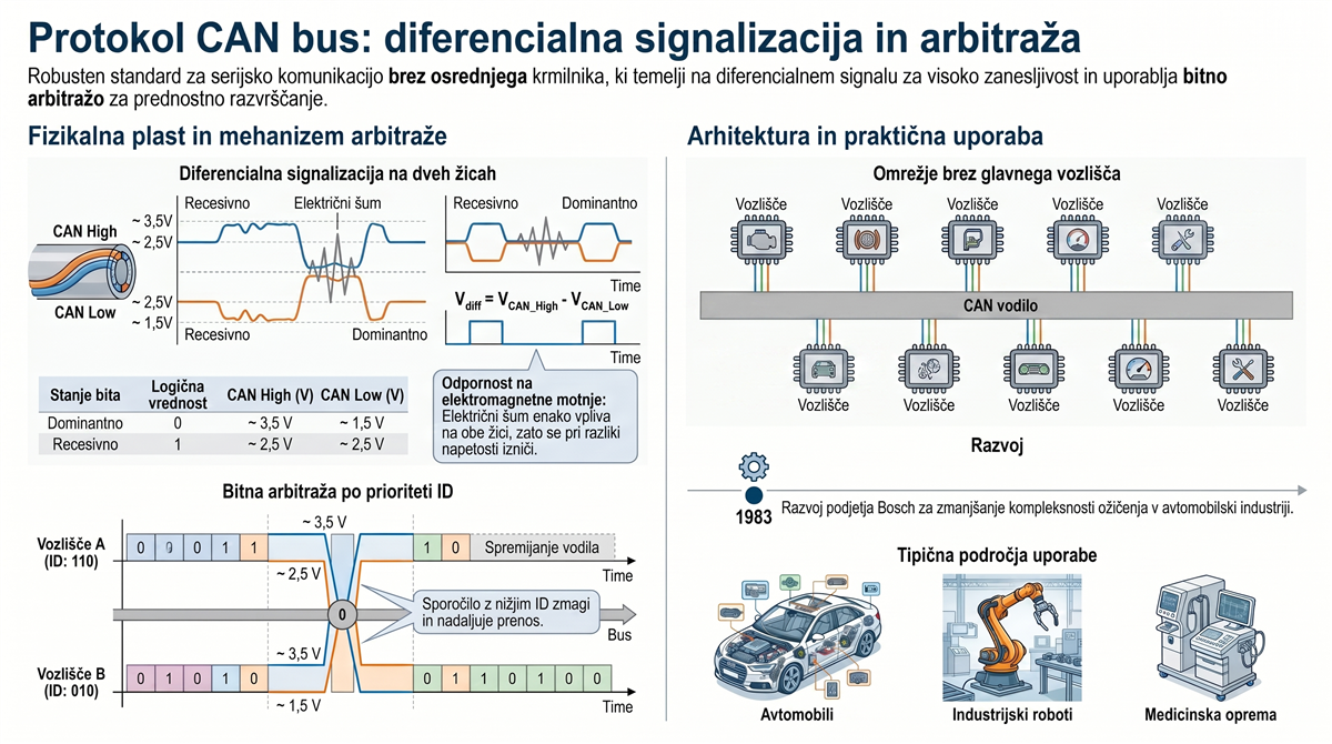 can bus diferencialna signalizacija CAN Bus protokol – diferencialna signalizacija in bitna arbitraža za zanesljivo industrijsko komunikacijo