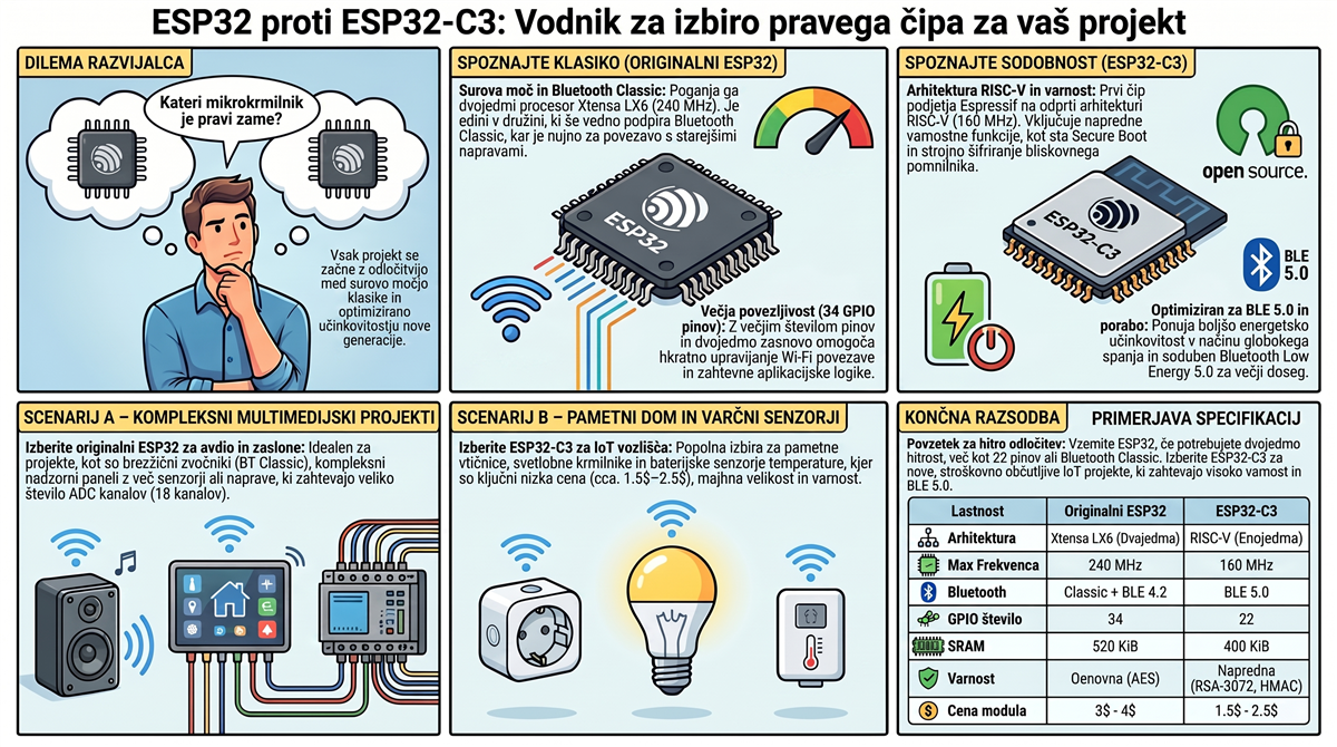 Vodič za izbiro med ESP32-C3 in originalnim ESP32