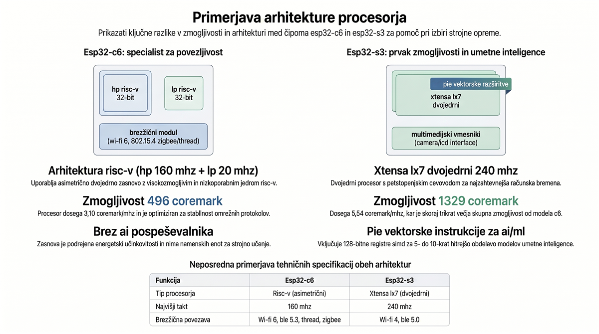 esp32 c6 vs s3 arhitektura procesorja ESP32-C6 vs ESP32-S3: arhitektura procesorja RISC-V in Xtensa LX7