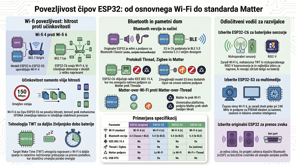esp32 povezljivost wifi bluetooth matter Primerjava povezljivosti ESP32: Wi-Fi, Bluetooth, Thread in Matter