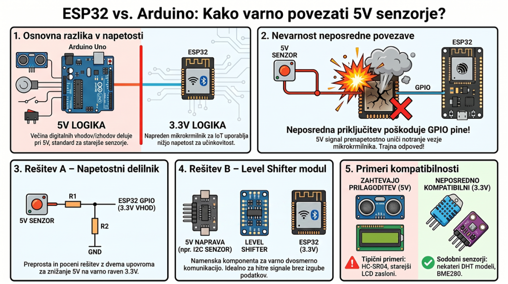 esp32 proti arduino napetost Kako varno povezati 5V senzorje na ESP32 3.3V logiko