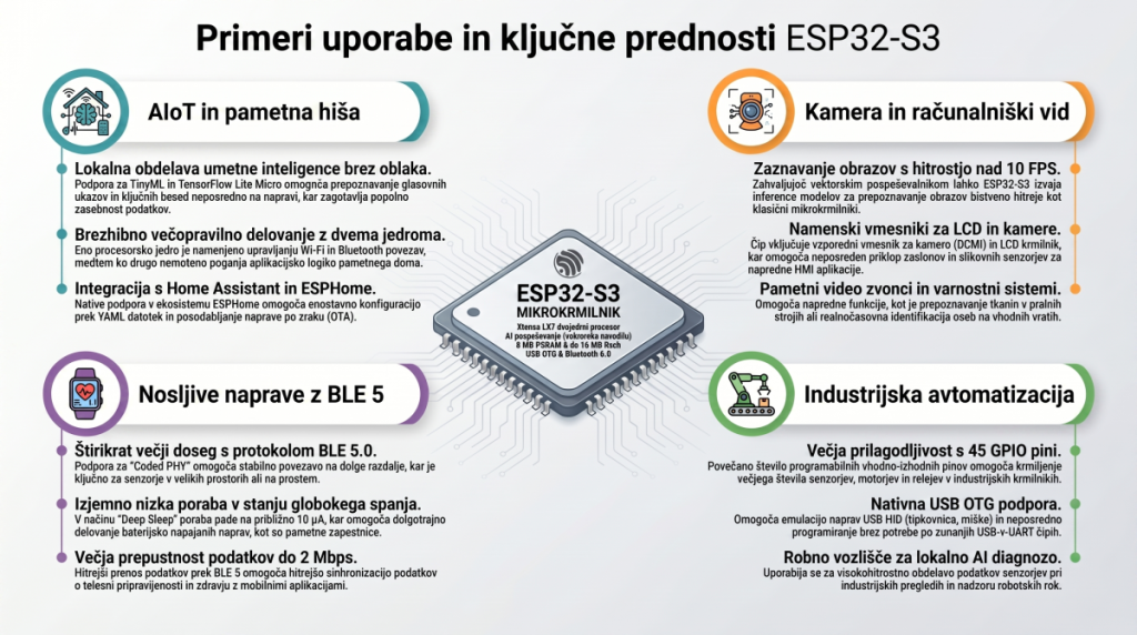 esp32 s3 infographic uporaba ESP32-S3 primeri uporabe: AIoT in pametna hiša, kamera, BLE 5 nosljive naprave, industrijska avtomatizacija