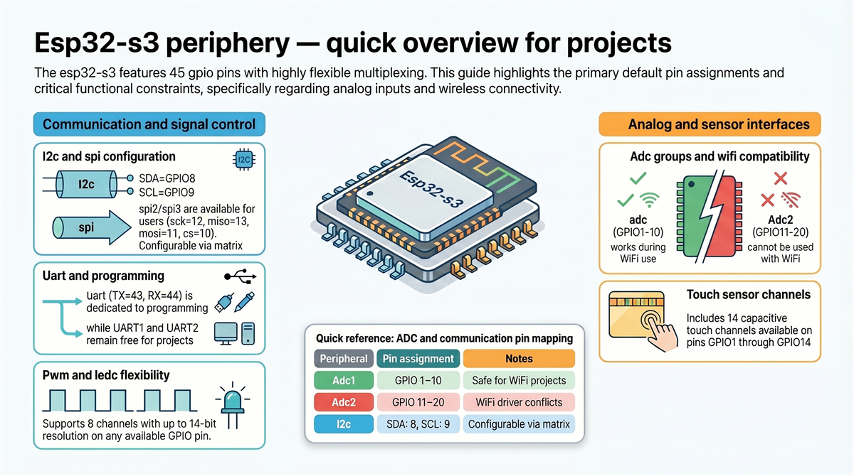 ESP32-S3 periferija — hitri pregled ADC, I2C, SPI, UART, Touch in PWM pinov
