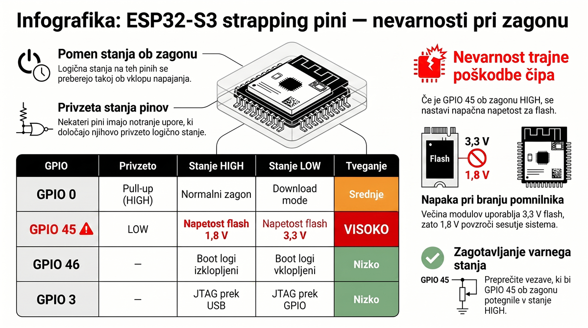 ESP32-S3 strapping pini — tveganja pri zagonu čipa, GPIO 0, 3, 45, 46