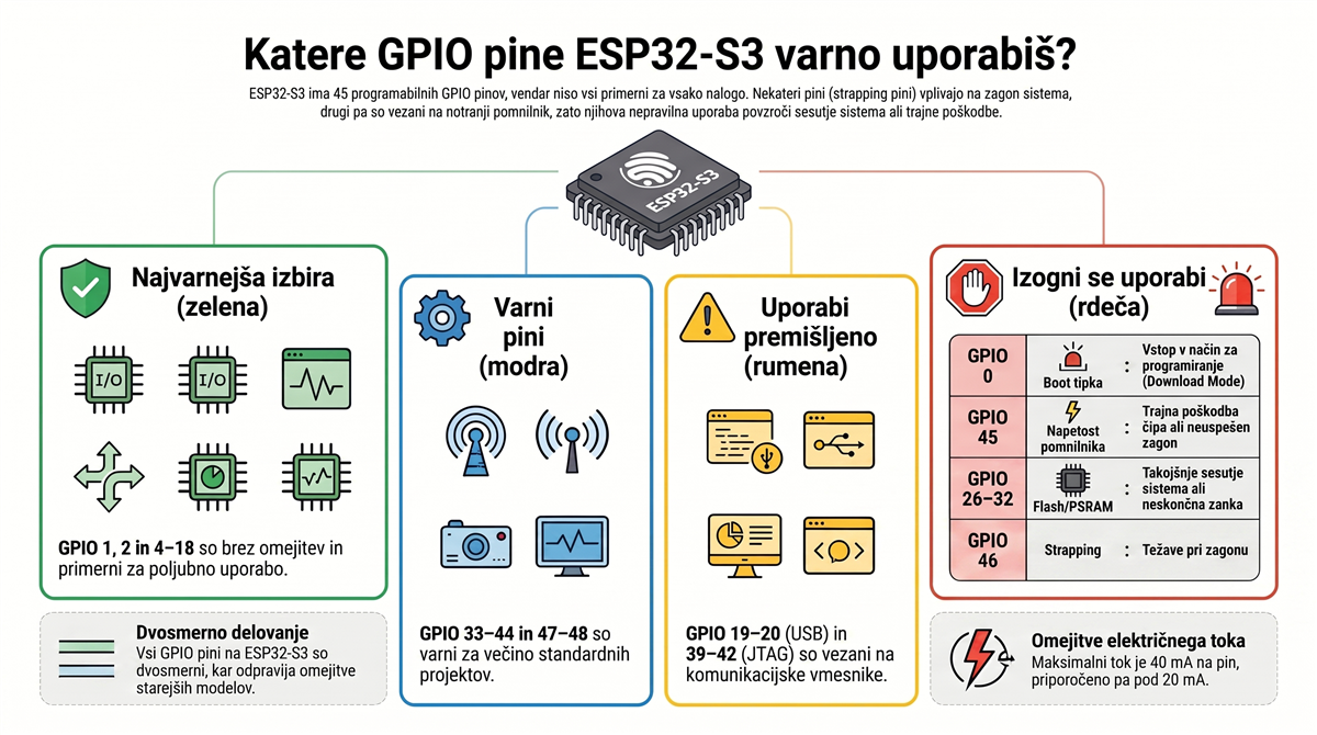 ESP32-S3 varne GPIO skupine — katere pine varno uporabljaš in katerim se izogneš