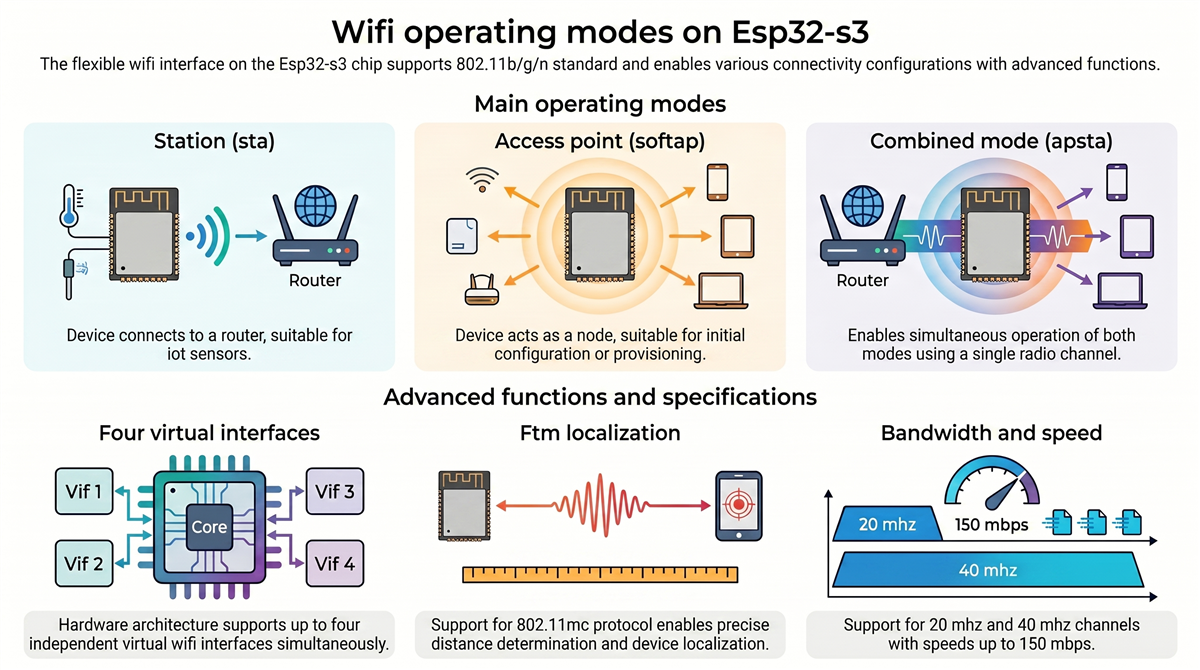 esp32 s3 wifi nacini delovanja ESP32-S3 WiFi nacini: Station, SoftAP in Station+SoftAP diagram