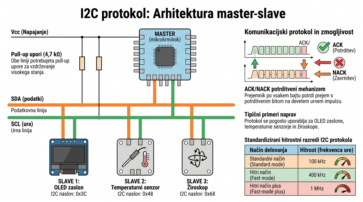 i2c arhitektura master slave I2C protokol – Master-Slave arhitektura z naslavljanjem naprav in pull-up upori na SDA in SCL