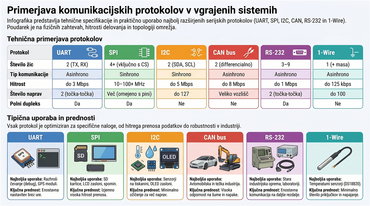 komunikacijski protokoli primerjava Komunikacijski protokoli razloženi: primerjava UART, SPI, I2C, CAN, RS-232 in 1-Wire