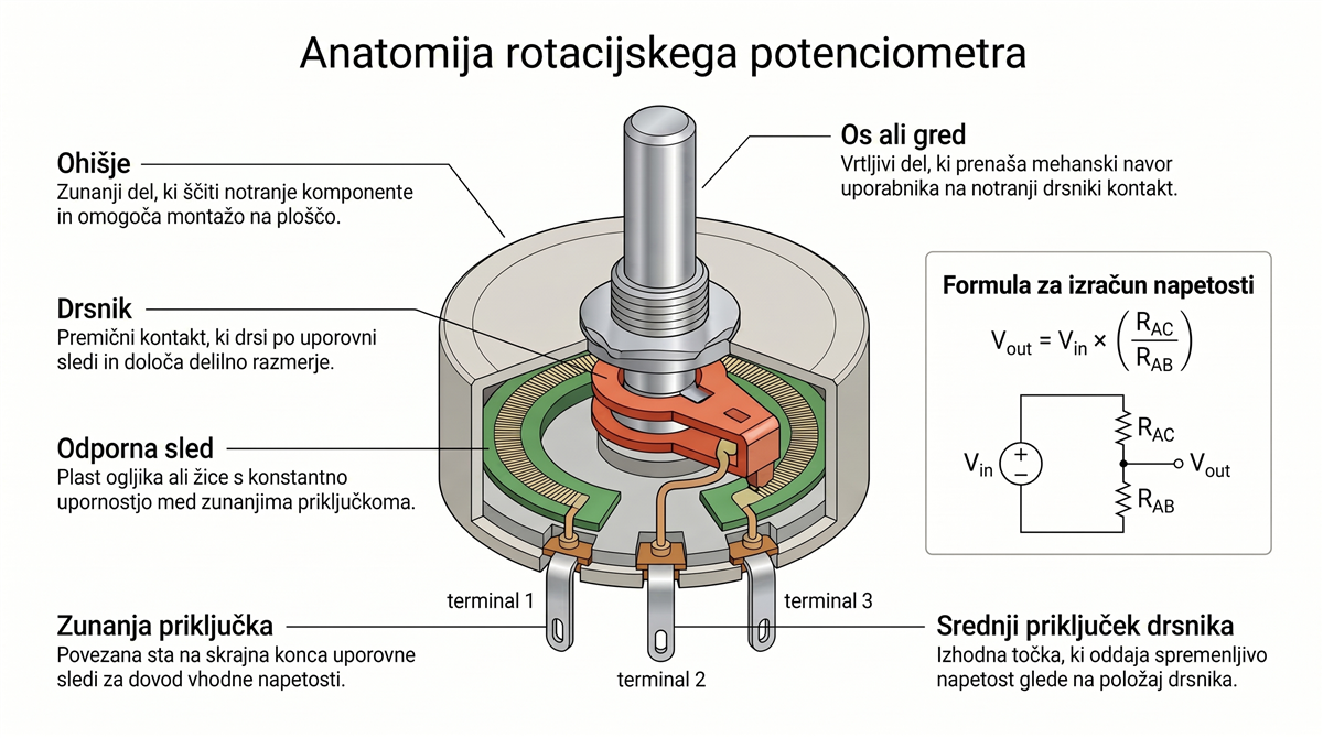Anatomija rotacijskega potenciometra z označenimi deli: odporni sled, drsnik, os, priključki