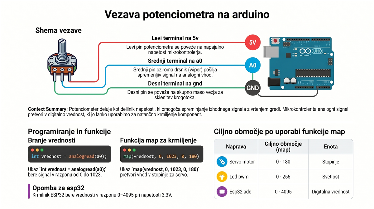 potenciometer arduino vezava Vezava potenciometra na Arduino — shema, koda analogRead, servo in LED PWM primer