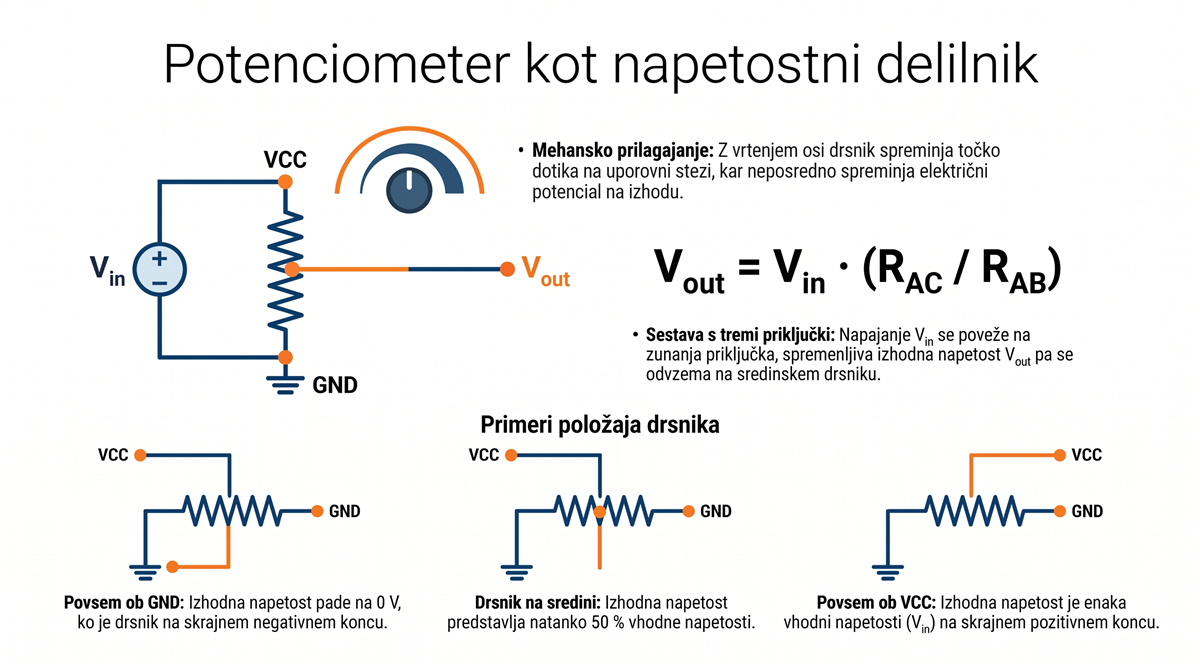 potenciometer napetostni delilnik Potenciometer kot napetostni delilnik — shema vezave in formula V_out = V_in x (R_AC / R_AB)