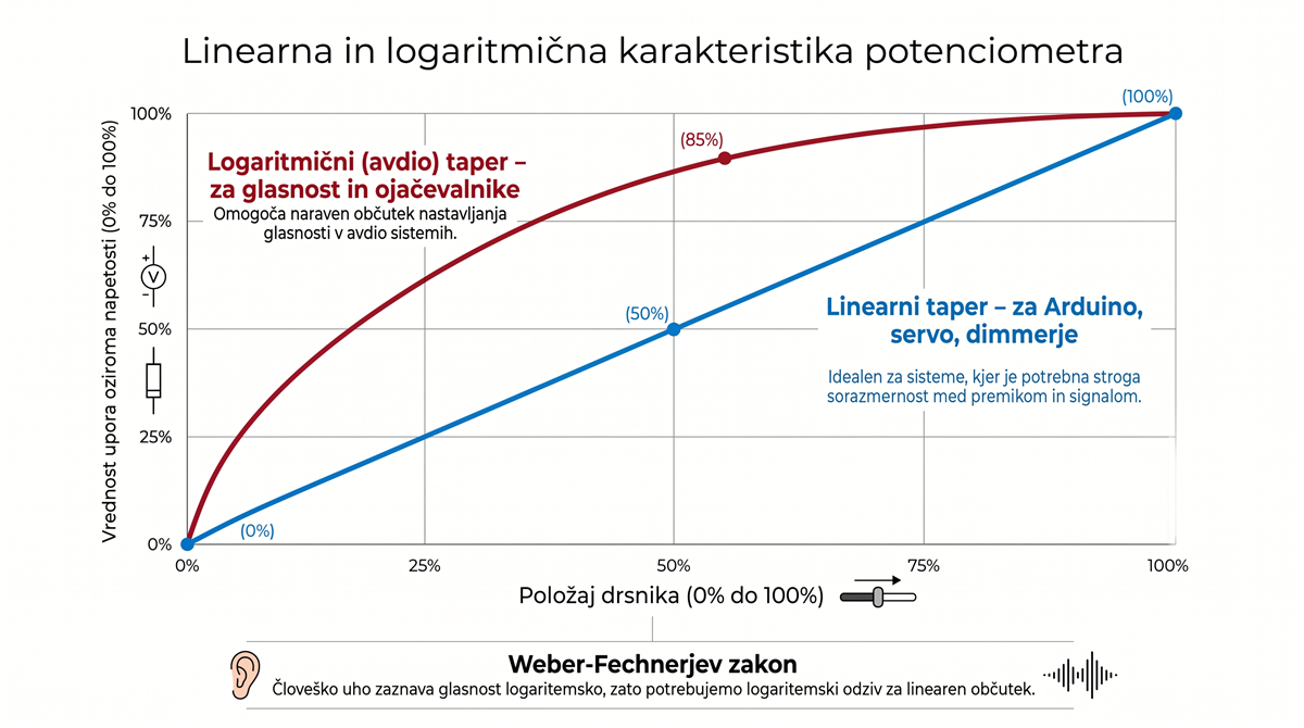 potenciometer taper Linearna in logaritmična karakteristika potenciometra — graf primerjave taper krivulj