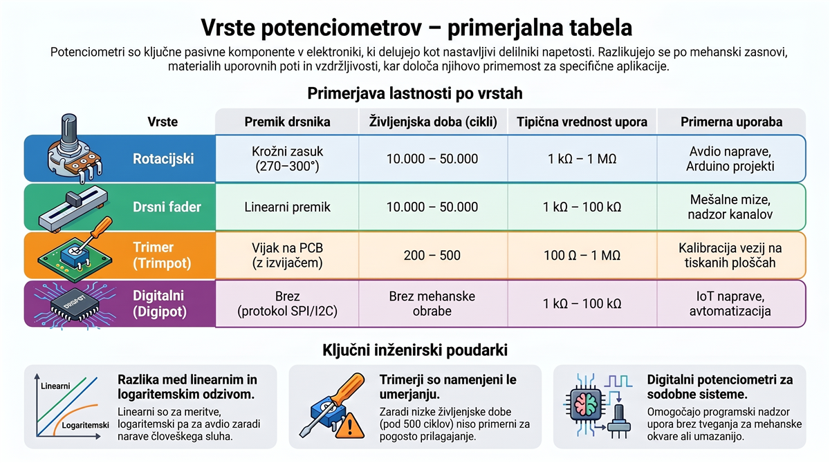 potenciometer vrste Vrste potenciometrov — primerjalna tabela: rotacijski, drsni fader, trimer, digitalni digipot