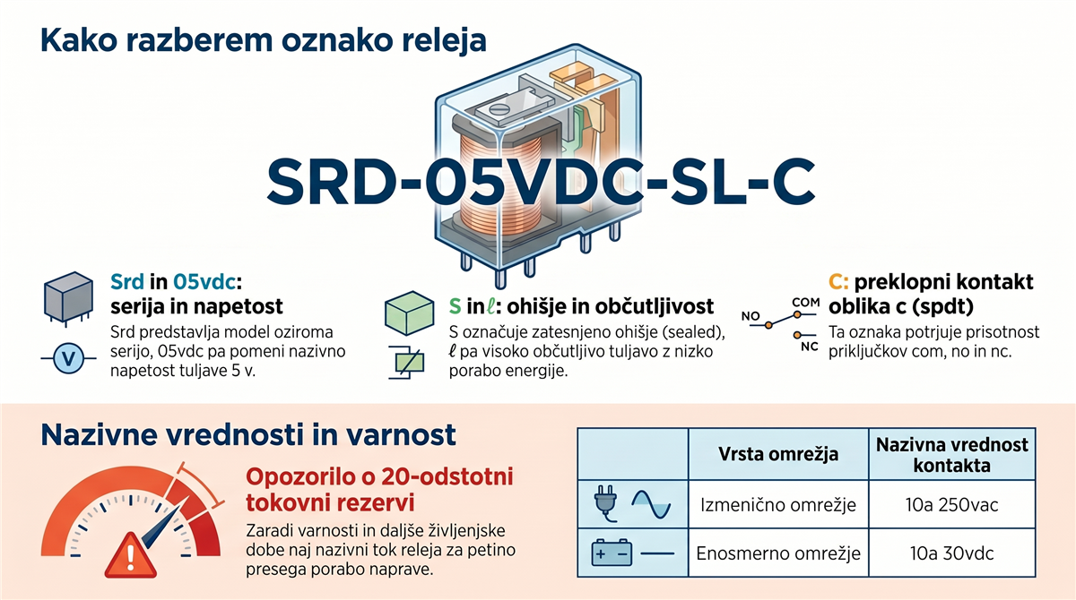 relejni modul oznaka releja Razčlenitev oznake releja SRD-05VDC-SL-C na relejnem modulu