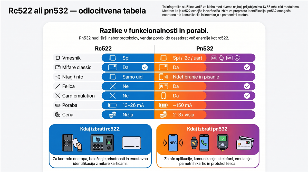rfid rc522 pn532 tabela RC522 ali PN532 — odločitvena tabela za RFID modul Arduino in ESP32