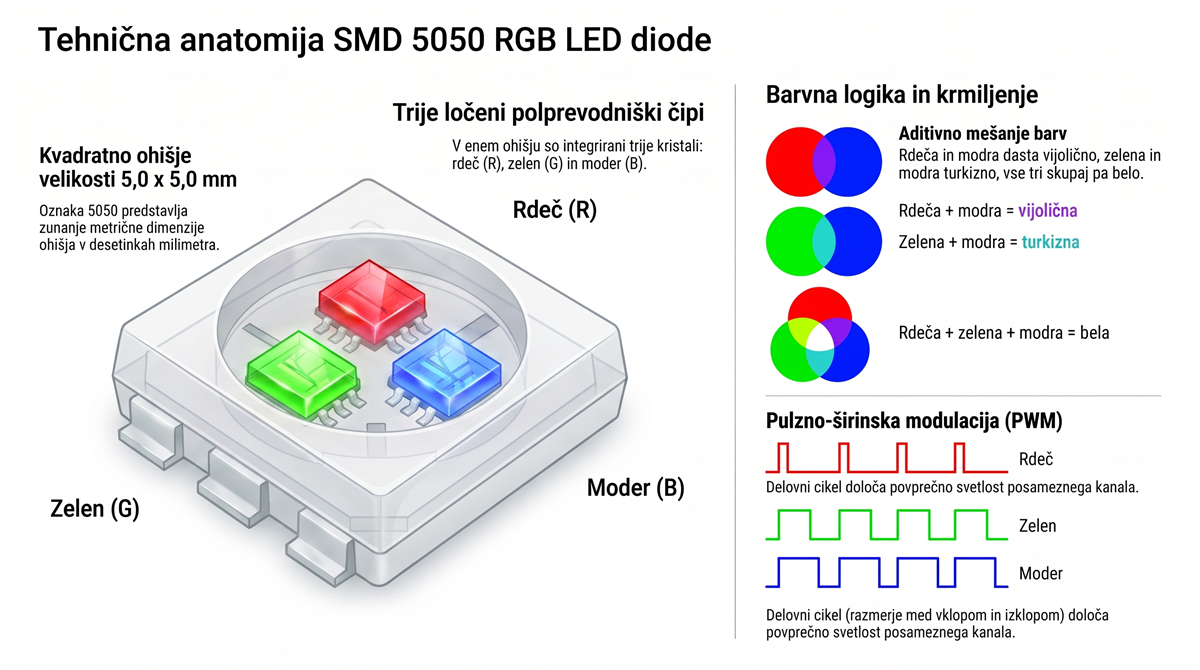 Zgradba SMD 5050 RGB LED diode in mešanje barv s PWM