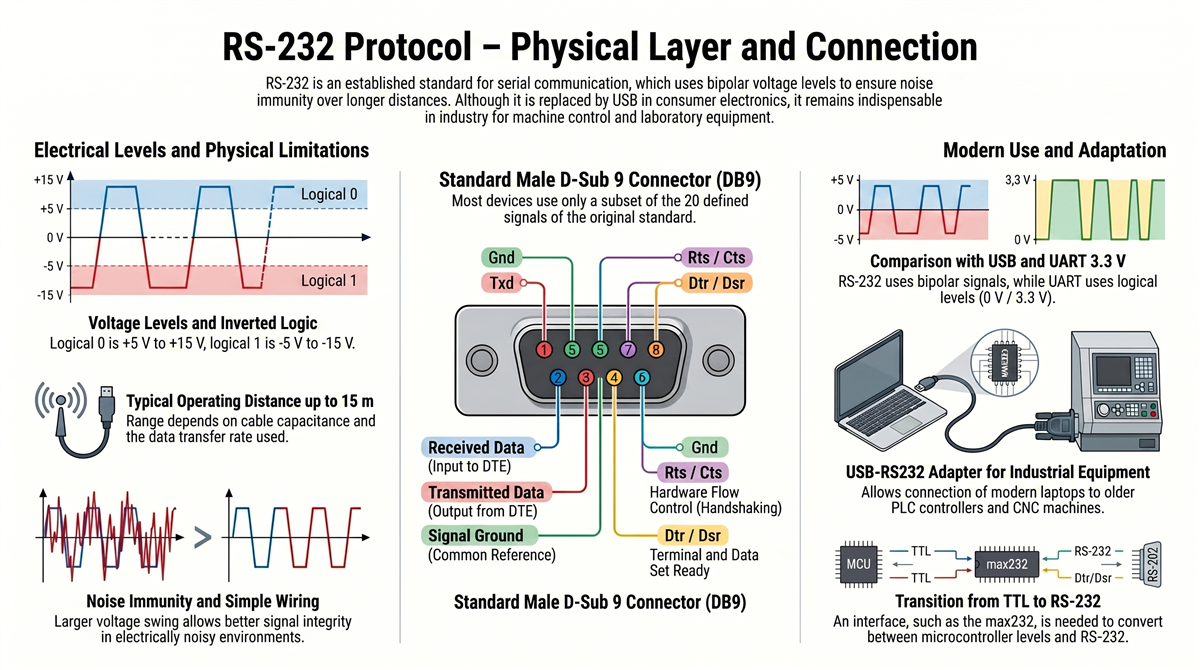 rs232 fizicni sloj db9 RS-232 protokol – fizični sloj z DB9 prikljuckom in napetostnimi nivoji do ±15 V
