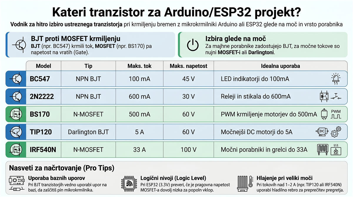 Kateri tranzistor za Arduino in ESP32 - BC547, 2N2222, BS170, TIP120, IRF540N primerjava