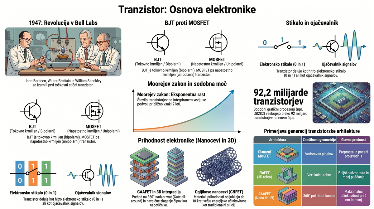 Tranzistor - osnova sodobne elektronike, pregled BJT, MOSFET, Moorovega zakona in prihodnosti