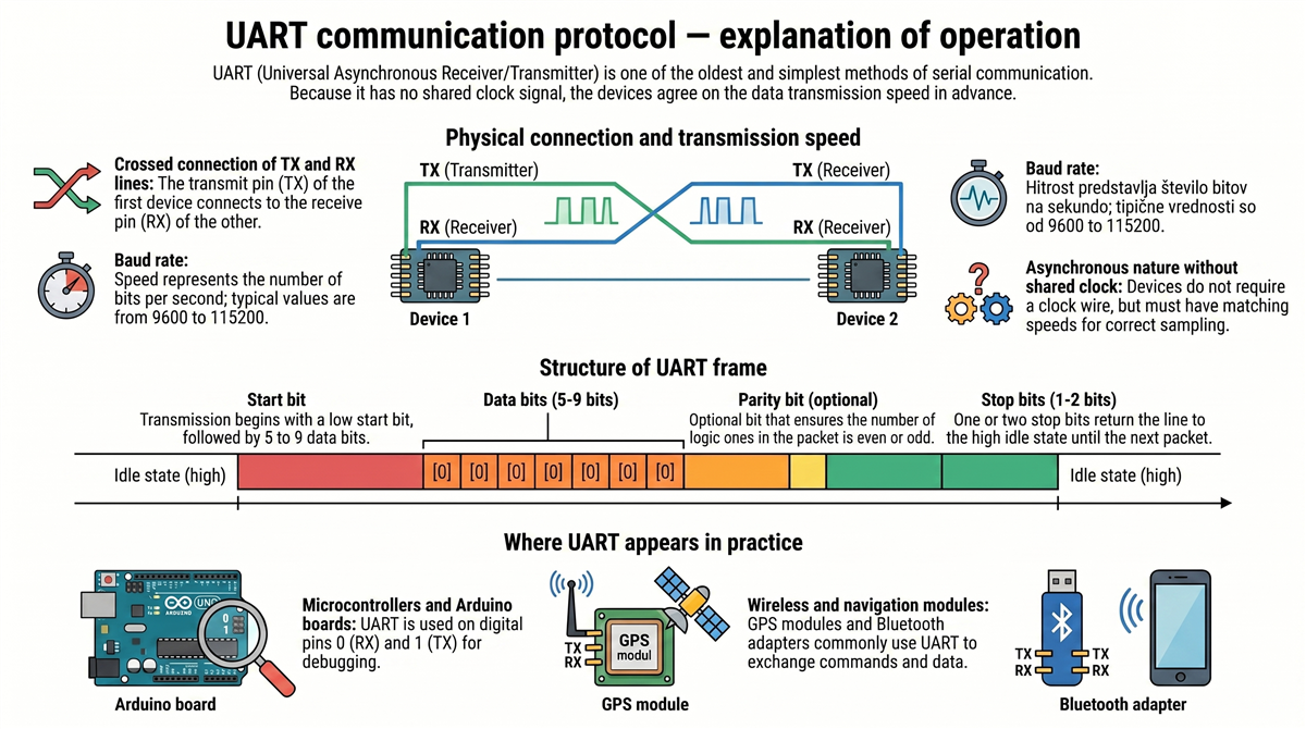 uart protokol razlaga UART – komunikacijski protokoli za asinhrono točka-točka komunikacijo z baudno hitrostjo