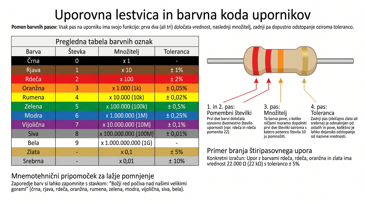 Uporovna lestvica in barvna koda upornikov – pregledna tabela barv, števk, množiteljev in toleranc