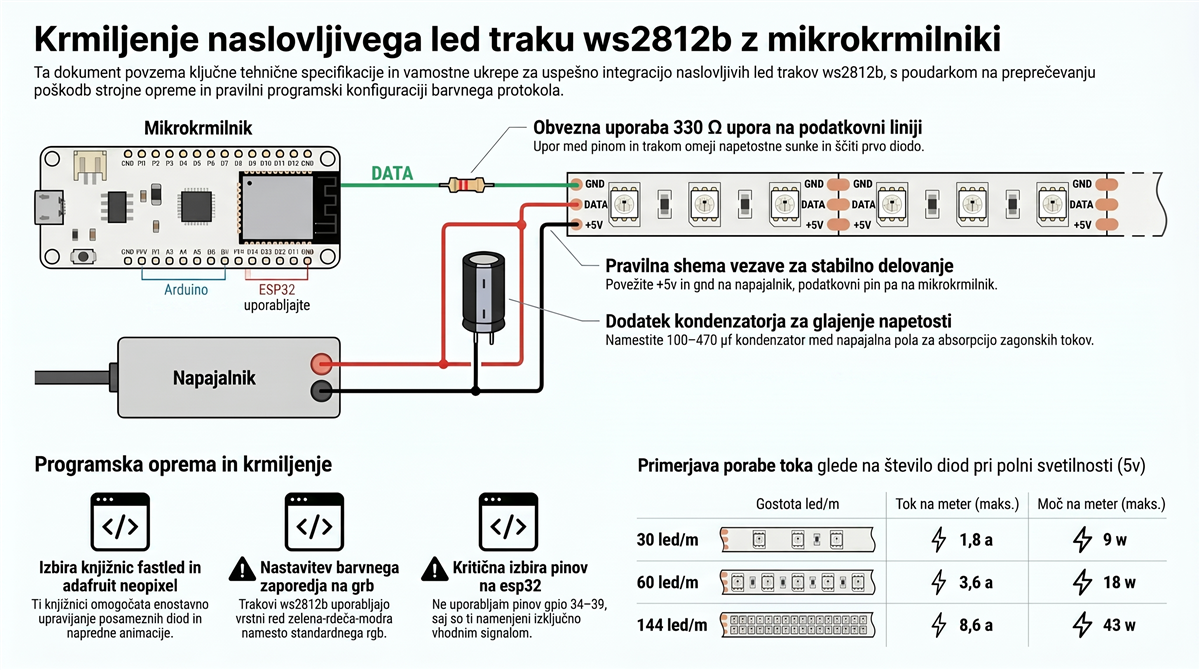 WS2812B LED trak krmiljenje z Arduinom in ESP32 – shema priklopa