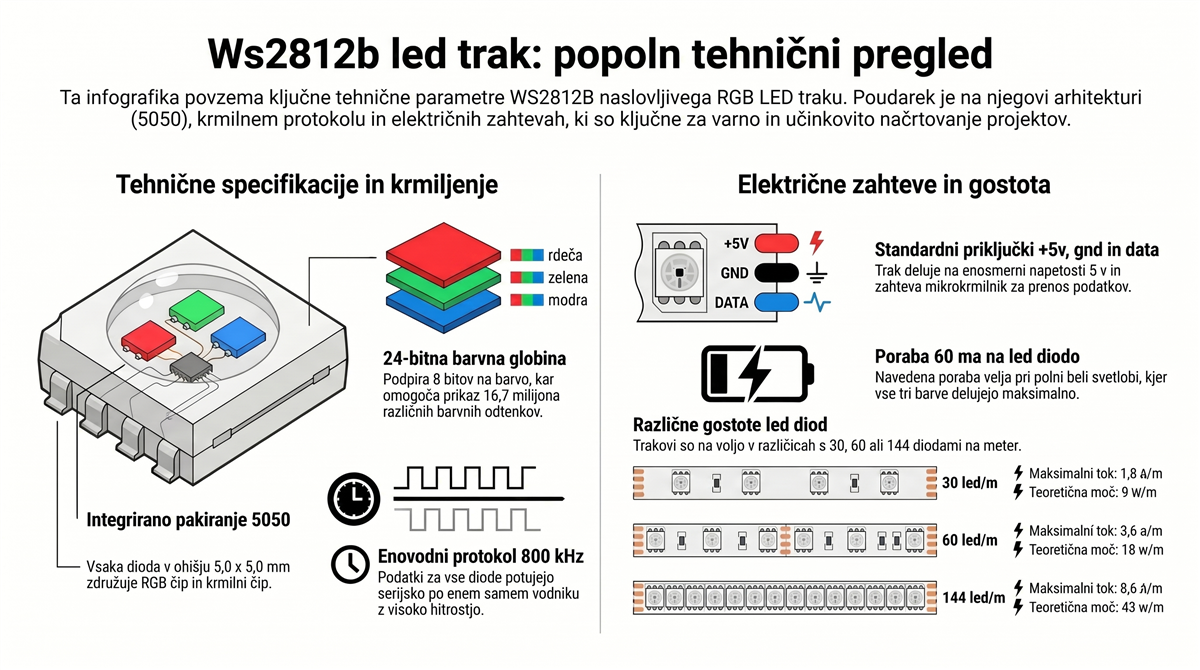 WS2812B LED trak – specifikacije, priključki in gostote LED diod