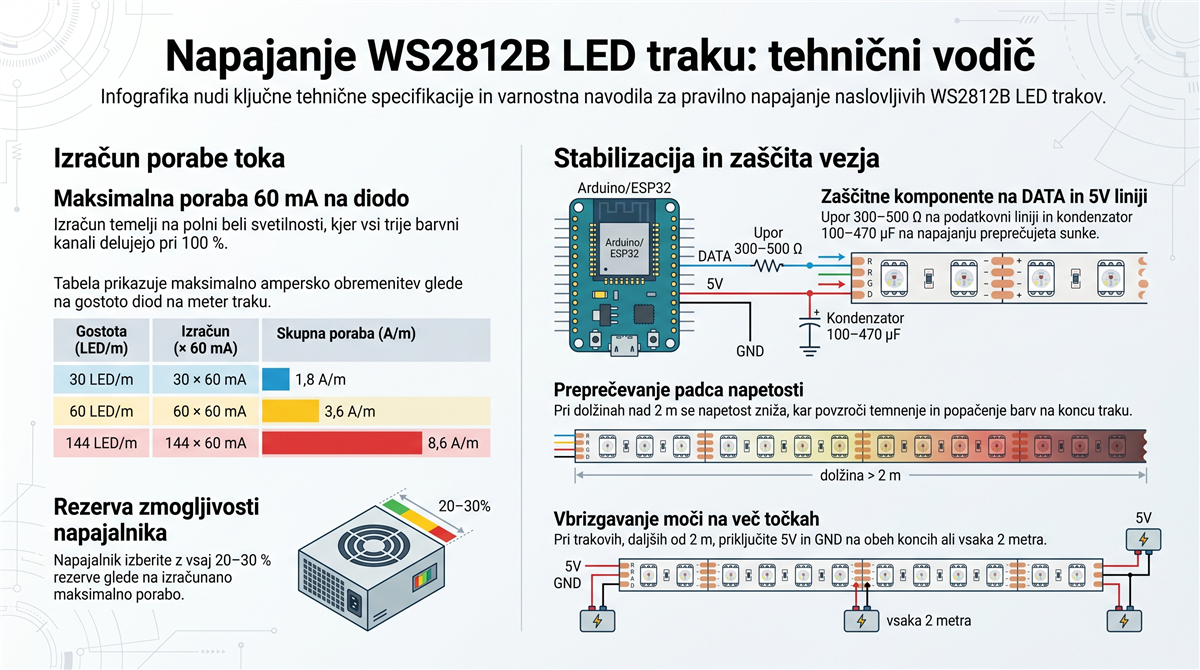 WS2812B LED trak napajanje – poraba toka in zaščitna vezja