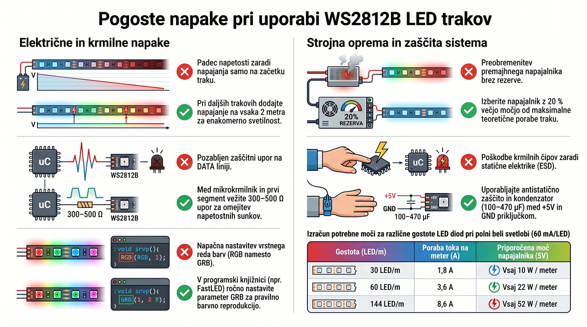 WS2812B LED trak pogoste napake in rešitve