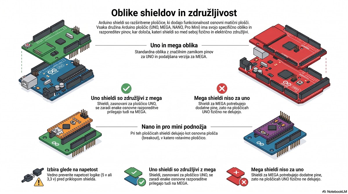 arduino shield oblike zdruzljivost Oblike in združljivost arduino shieldov za UNO, MEGA, NANO in Pro Mini