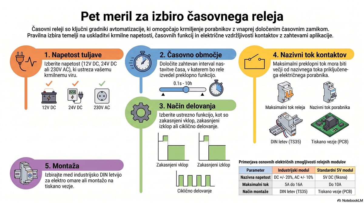 Pet meril za izbiro časovnega releja: napetost, časovno območje, način delovanja, tok in montaža