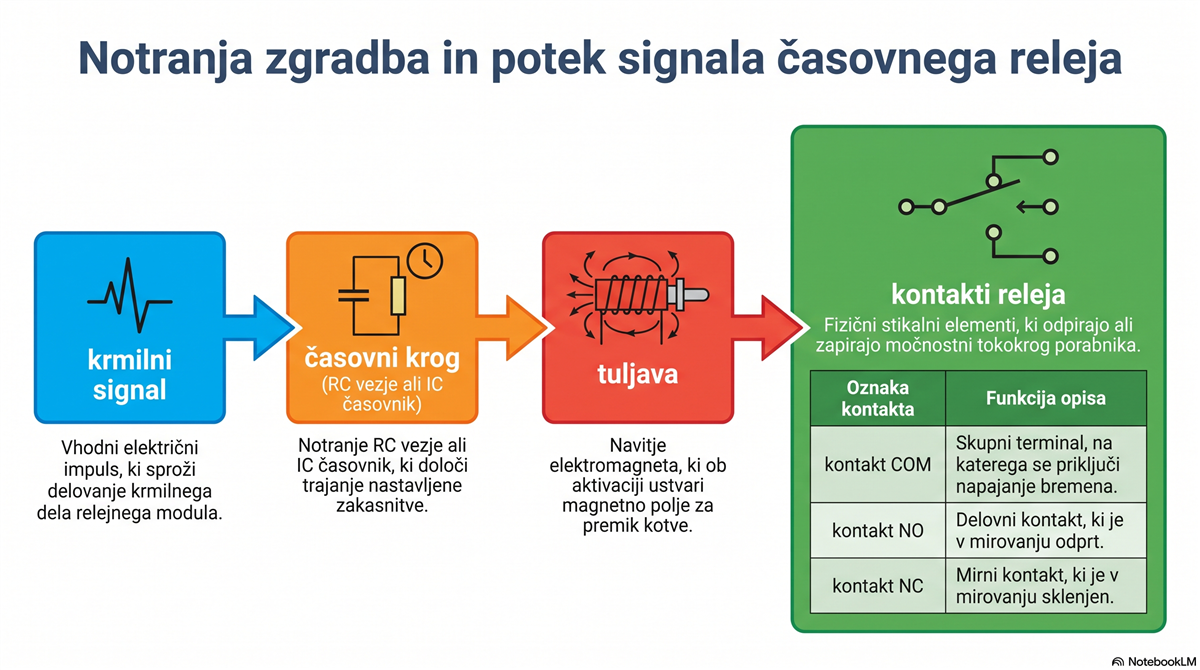 Notranja zgradba časovnega releja: krmilni signal, časovni krog, tuljava in kontakti