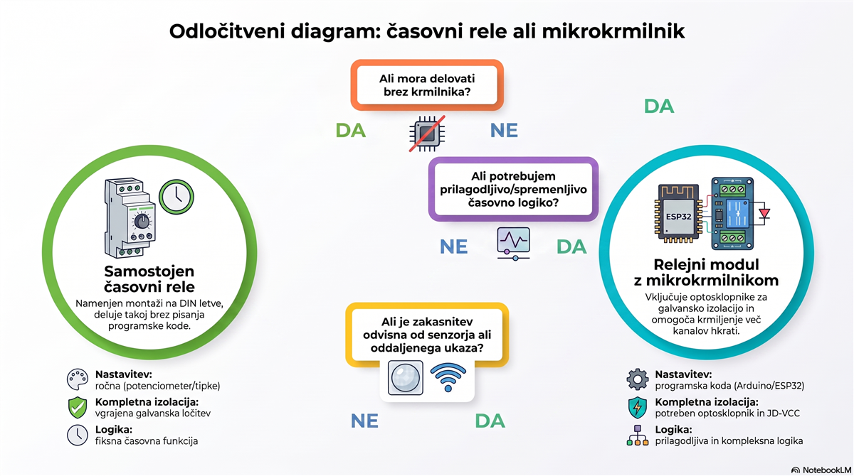 Odločitveni diagram: kdaj izbrati časovni rele in kdaj relejni modul z mikrokrmilnikom