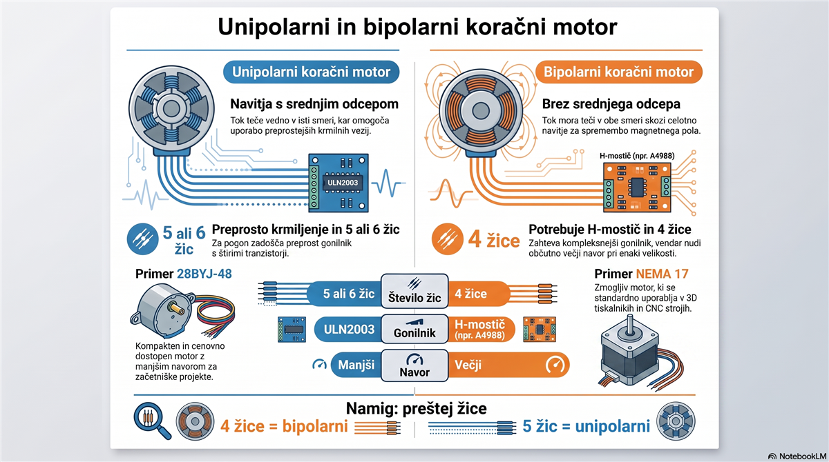 koracni motor unipolarni bipolarni Unipolarni in bipolarni koračni motor — primerjava žic, gonilnika in navora