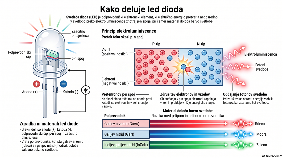 Kako deluje LED dioda: zgradba, p-n spoj in elektroluminiscenca