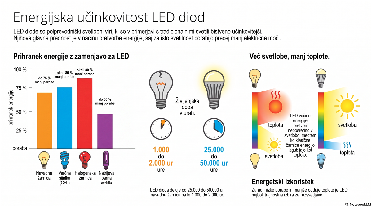Energijska učinkovitost LED diode v primerjavi z žarnico, CFL in halogenko
