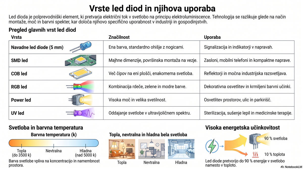 Vrste LED diod: navadne, SMD, COB, RGB, Power in UV LED dioda