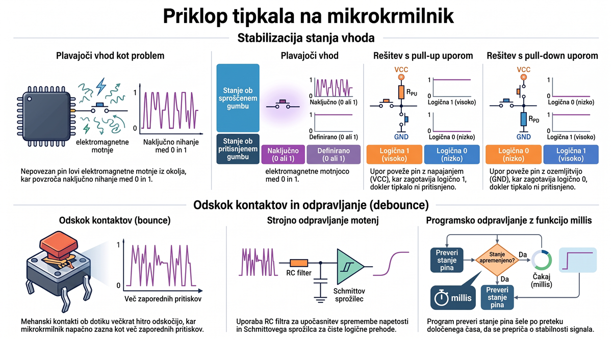 priklop stikala mikrokrmilnik Priklop stikala na mikrokrmilnik – pull-up, pull-down upor in debounce