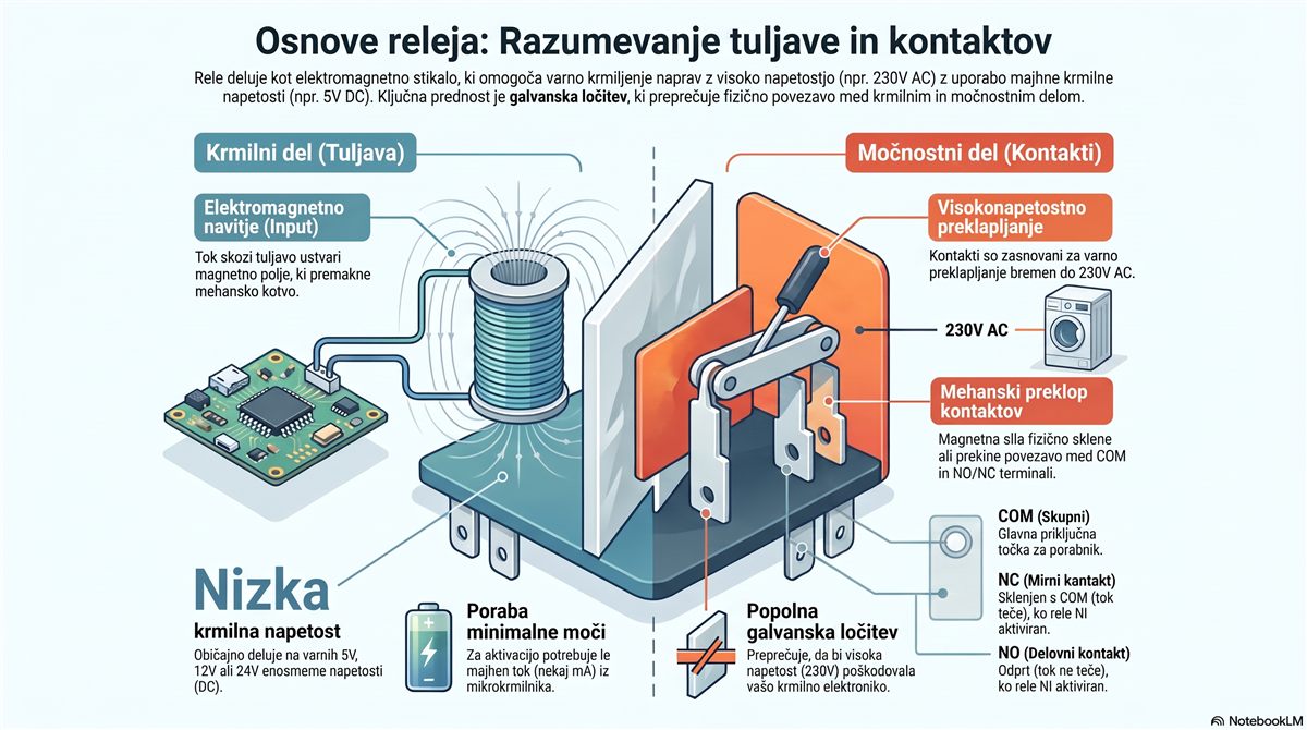 Kako deluje rele 230V — krmilna tuljava in močnostni kontakti