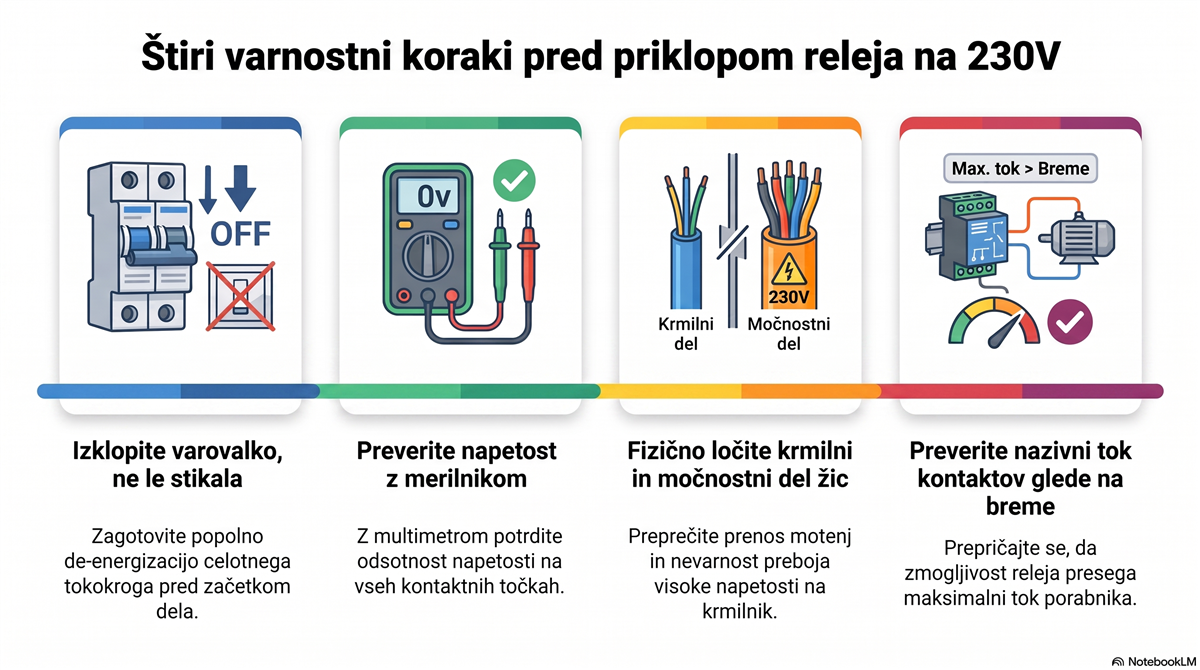 Varnostni koraki pred priključitvijo releja 230V