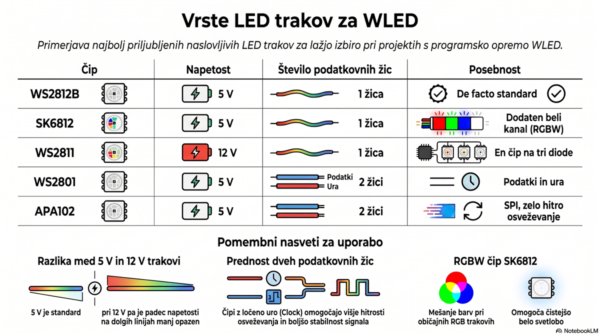wled vrste led trakov Vrste LED trakov za WLED: primerjava čipov WS2812B, SK6812, WS2811, WS2801 in APA102