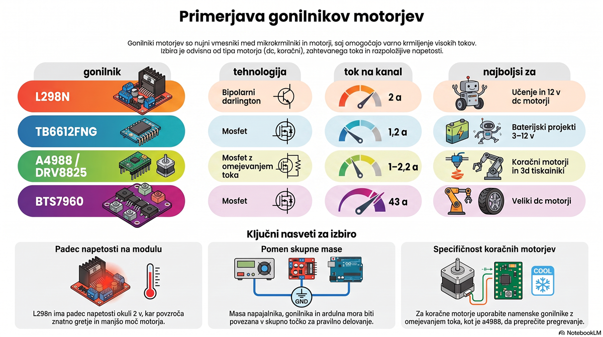 l298n izbira gonilnika Primerjava gonilnikov motorjev: L298N, TB6612FNG, A4988, BTS7960