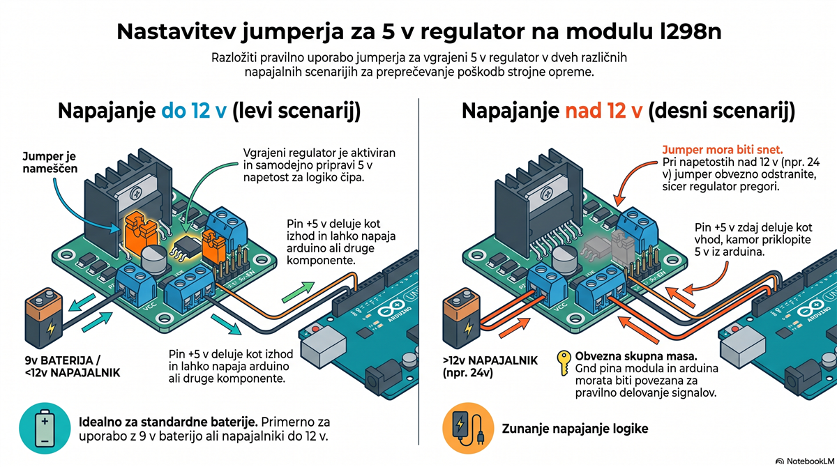 l298n jumper napajanje Jumper 5 V regulatorja na modulu L298N: pod in nad 12 V