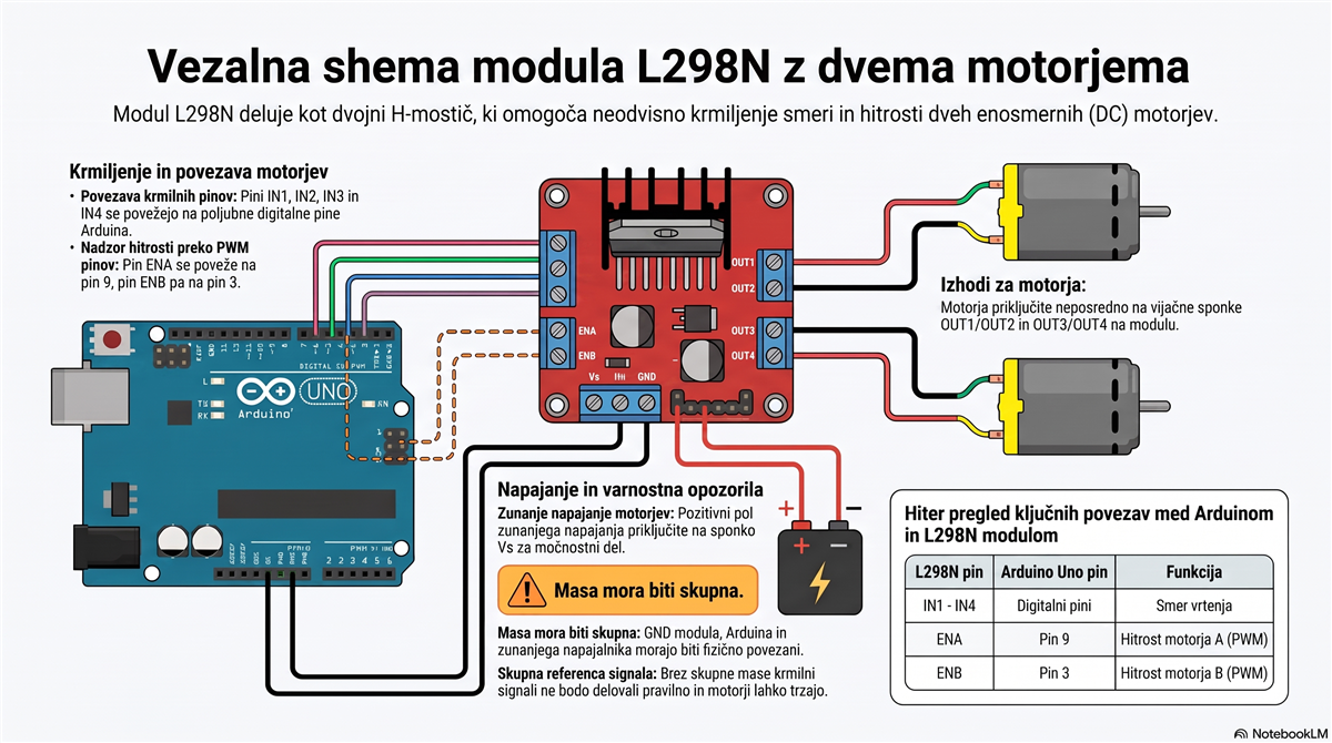 l298n vezava dc Vezalna shema modula L298N z dvema DC motorjema in Arduino Uno