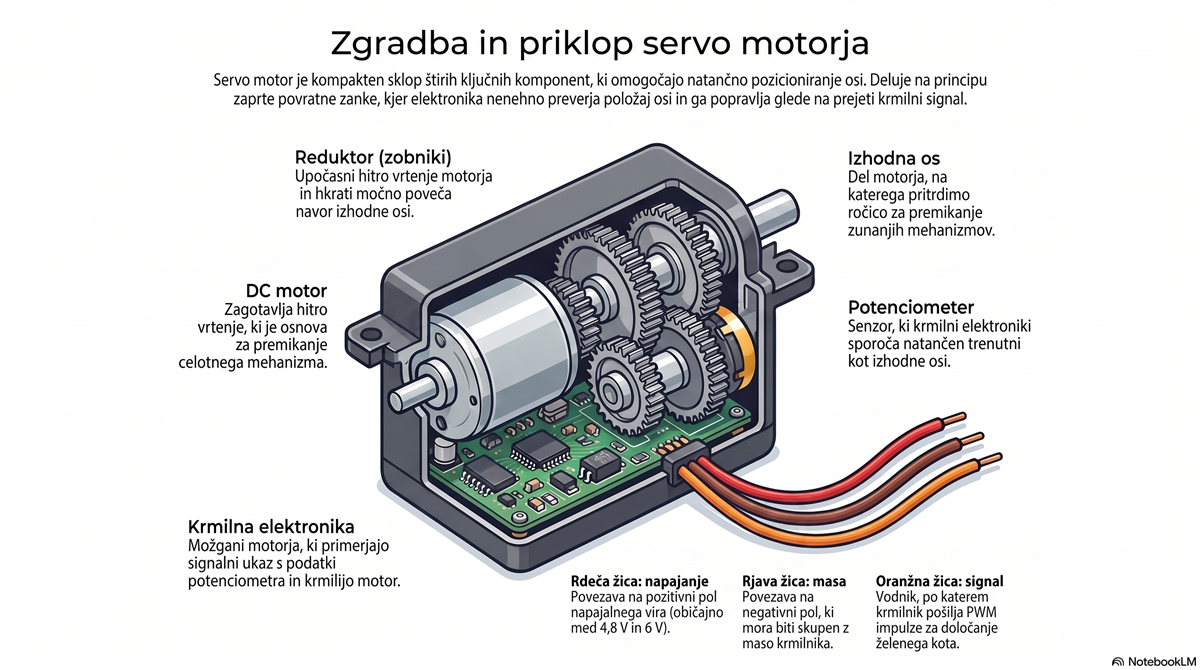 Zgradba servo motorja: DC motor, reduktor, potenciometer in krmilna elektronika